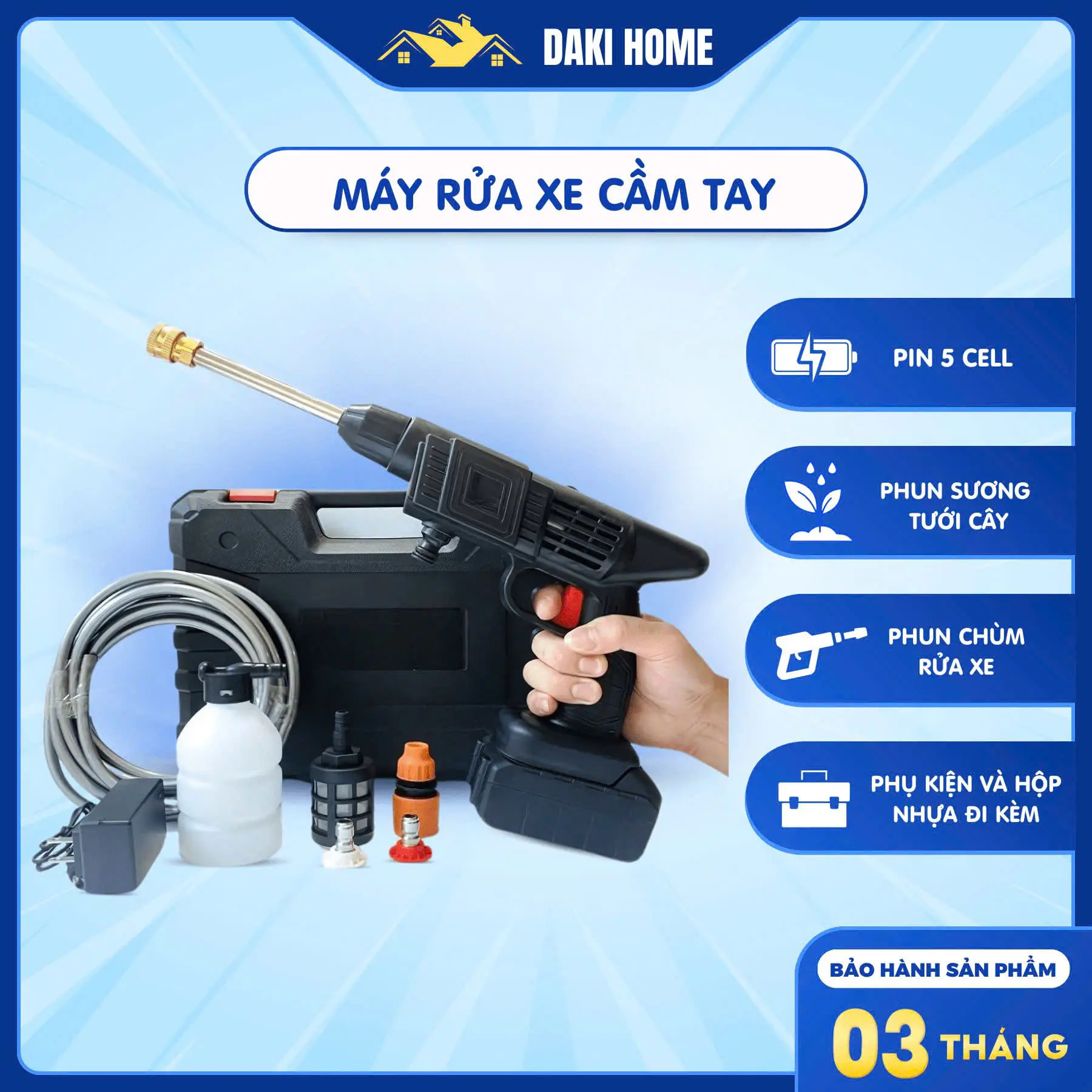 Máy Rửa Xe Cầm Tay Pin Lithium 5 Cell Áp Suất 30bar Phun Sương Tưới Cây & Chùm Rửa Xe Gọn  Nhẹ Tiện Lợi Bảo Hành 3 Tháng - 1