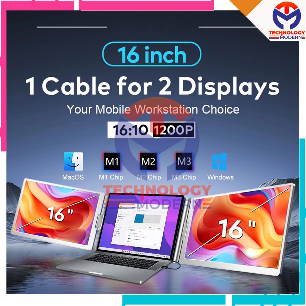 Triple Monitor Portabel 16 Inch Extend Display Support Windows & Mac OS Untuk Ukuran Laptop Screen 12-18.5 Inch