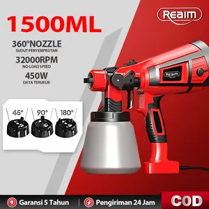REAIM Re1500ML Electric Spray Gun 450Watt Mesin Cat Semprot Elektrik Alat Semprotan Cat Listrik Untuk Penggunaan Rumah Tangga Kecil Atomisasi Tinggi Tidak Untuk Minyak Semprotan Cat Efisien dan Praktis Kualitas Terbaik Harga Terjangkau Garansi 5 Tahun