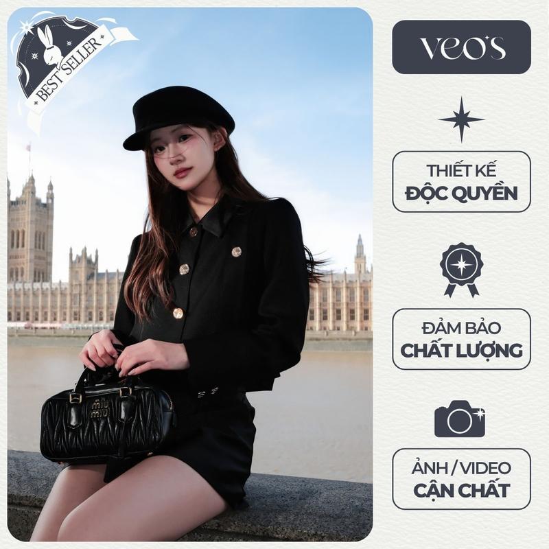 VEOS Grace Coat & Clair Skirt - Áo Khoác Thiết Kế Veos Dáng Ngắn Cổ Phối Lụa Đứng Form & Chân Váy Cạp Cao Dáng A Chiết Eo