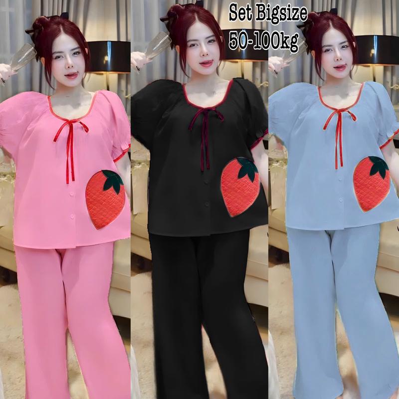 Đồ Bộ Bigsize Nữ - Đồ Ngủ Mặc Nhà Pijama Bigsize Lụa Xốp Thái Mềm Cao Cấp Dài Tay Ngắn Thêu Trái Dâu Bèo Tiểu Thư Cao Cấp Phù Hợp Cho Nàng Chuppy Form Rộng Thoải Mái Xinh Xắn 50-100kg Mặc Nhà Hay Ngủ Đều Xinh Nhung Nữ Nho Women Quần Áo Ngủ - 2468