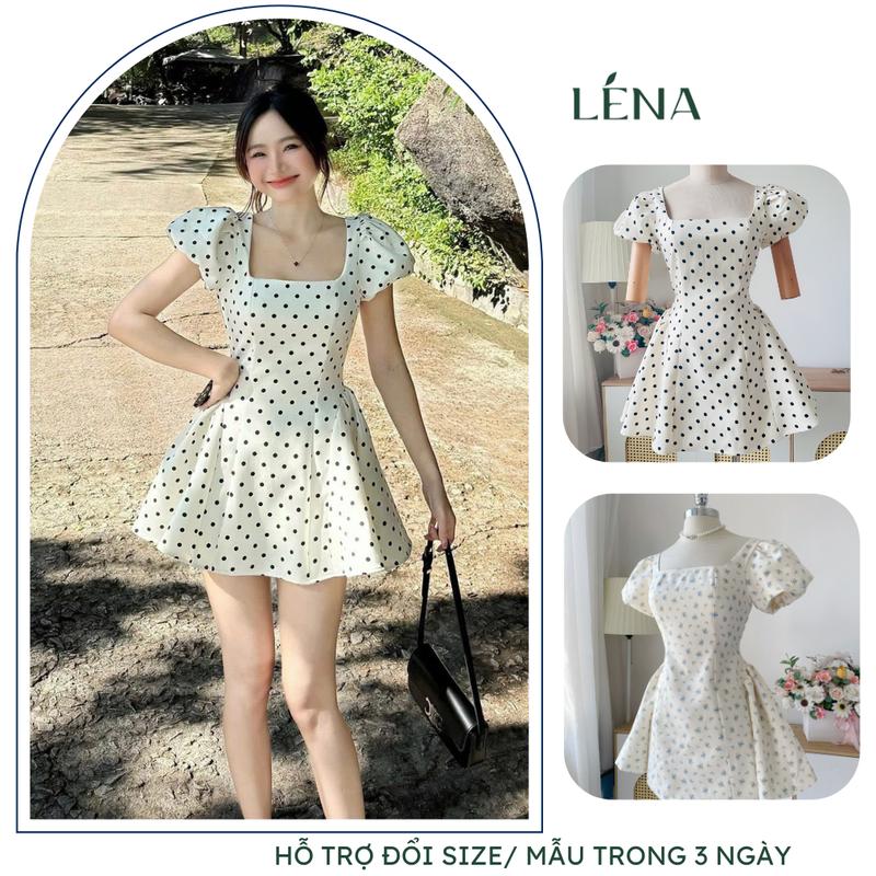 Có Bigsize LENA 3150 Đầm chấm bi tay phồng cổ vuông dáng xòe cột nơ lưng