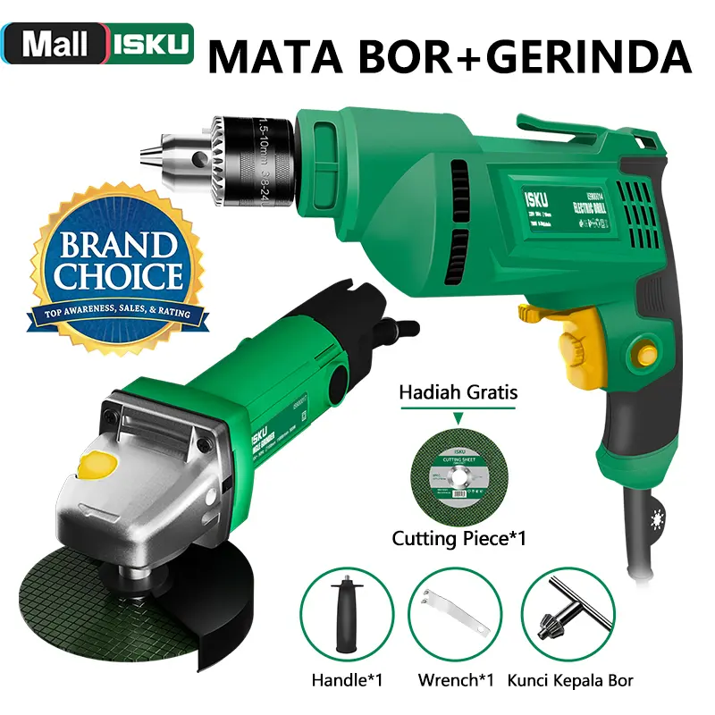 ISKU Mesin Bor Set 700W 220V & Mesin Gerinda Tangan 500W 220V Multifungsi untuk Proyek Pemotongan dan Pekerjaan Presisi
