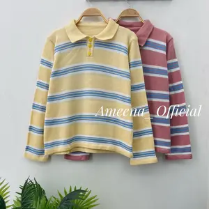 Hanon Blouse Knit Kerah Polo Kancing - Atasan Sweater Rajut Wanita Motif Stripe lengan panjang Korean Style Premium