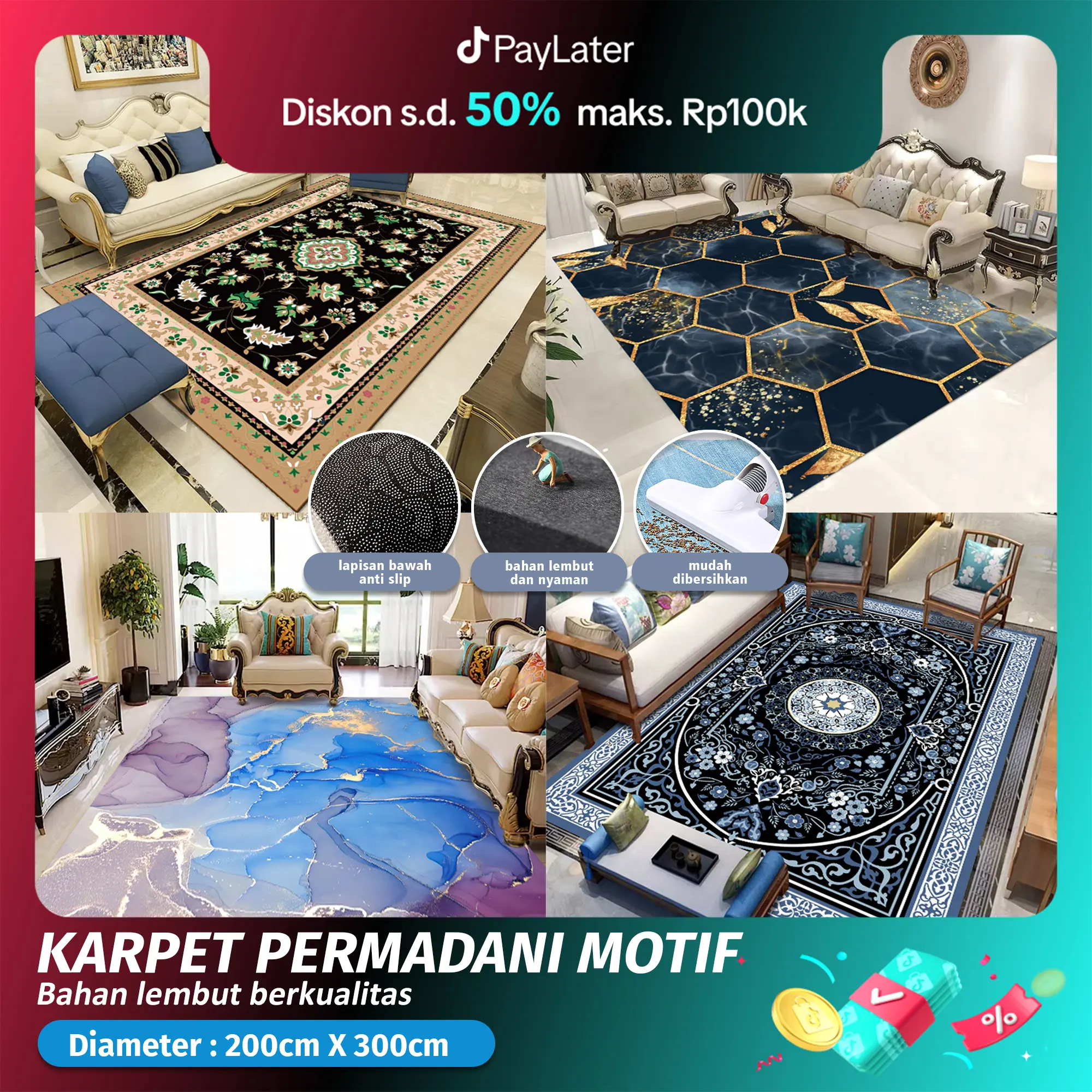 (HF) LOKAL 200x300CM Karpet Lantai Motif Eropa Elegan PREMIUM Polyester Anti Slip