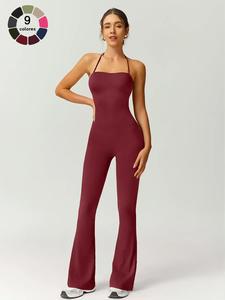 Mono deportivo de color sólido y pierna acampanada para mujer, mono casual cómodo y transpirable para yoga y entrenamiento en el gimnasio, ropa deportiva para damas para el verano