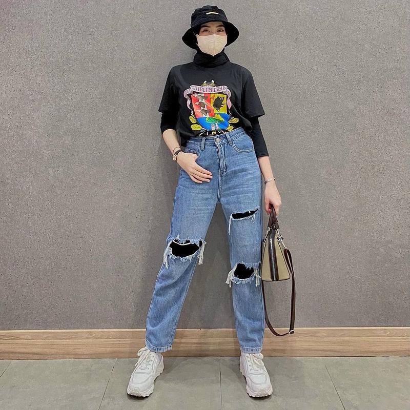Boyfie Geisha Celana Jeans Wanita Sobek Tidak Tembus Bahan Non Melar Bf Geisha High Waist Panjang Nyaman Boyfriend Cewek Dewasa 0