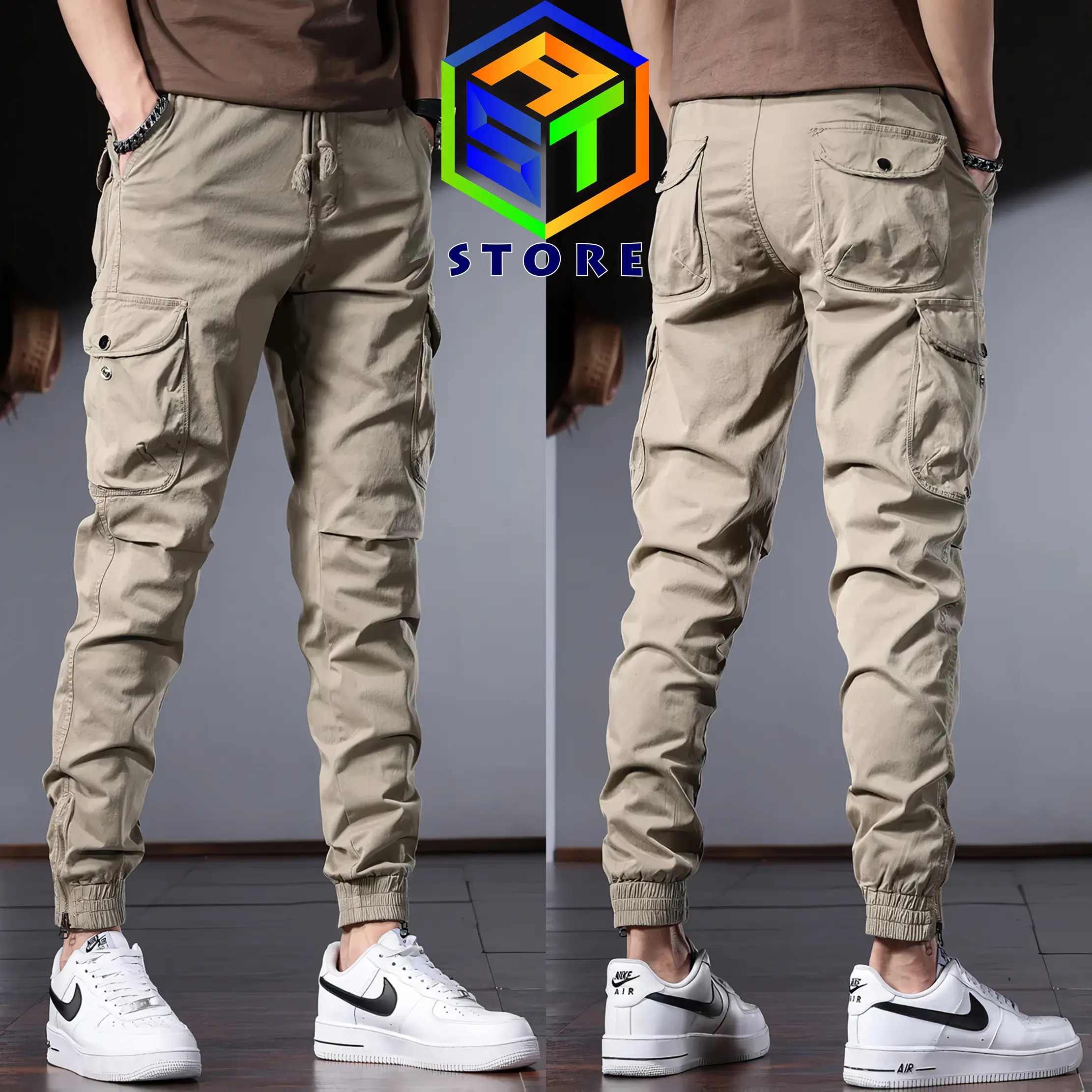 Celana Cargo Combat Button Zip Tidak Mudah Luntur Warna Cream Ikat Pinggang Fleksible dengan tali pengikat