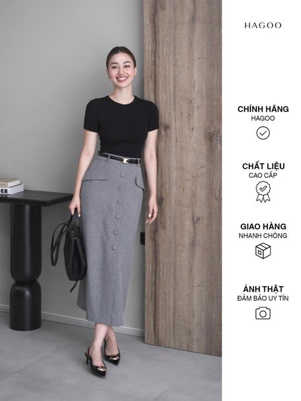 Chân váy nữ HAGOO dáng bút chì 1 hàng khuy xẻ trước phong cách công sở thanh lịch [CV695]