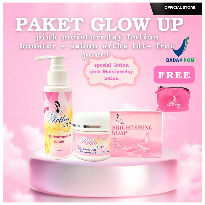 [ARTHA LDT] PAKET GLOW UP SABUN NEW PACKAGING [Pink Moistureday Lotion + body booster + sabun]  FREE POUCH 1