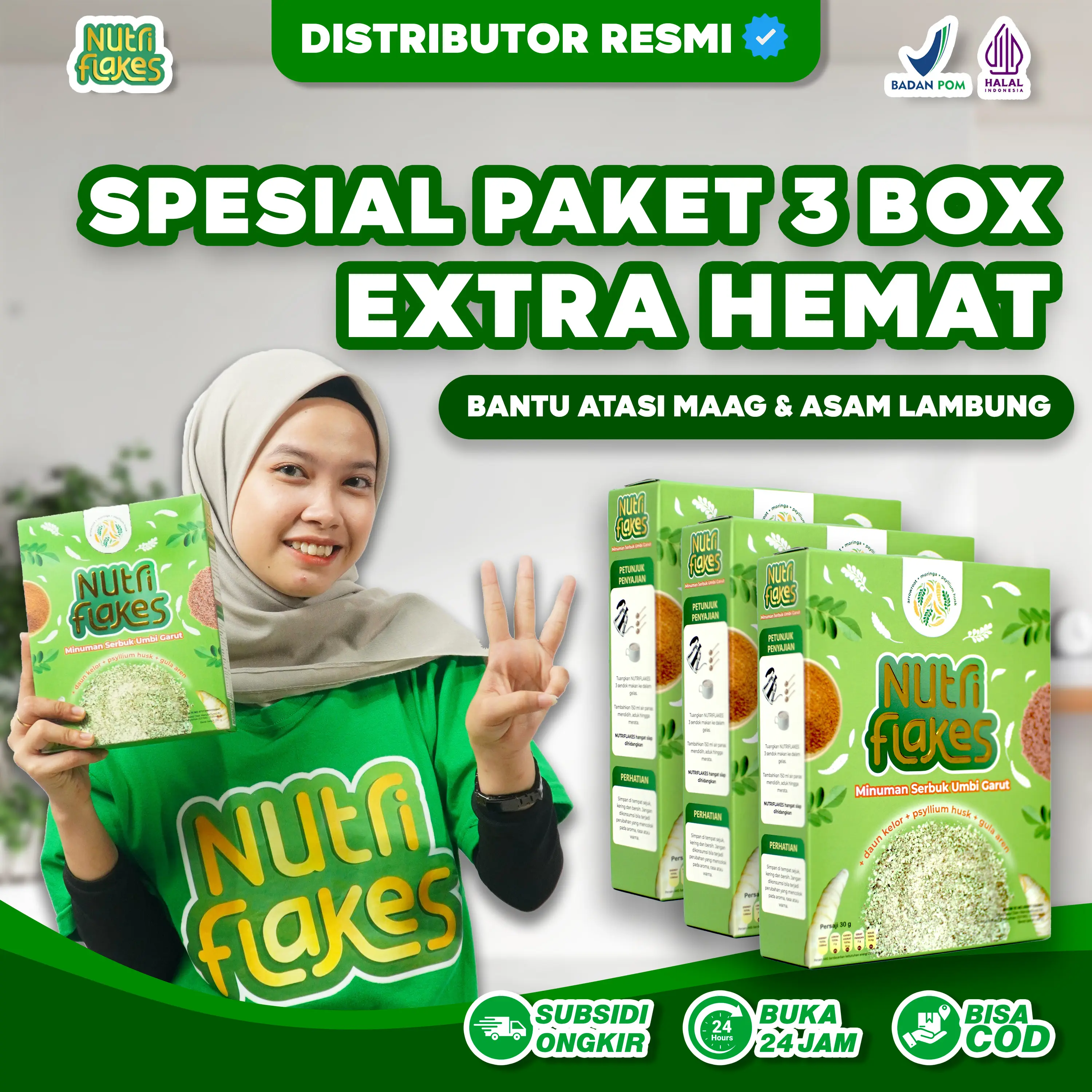Paket 3 Box Nutriflakes Asli Sereal Umbi Pati Garut Bantu Redakan Masalah Lambung Granola Oatmeal Halal MUI BPOM