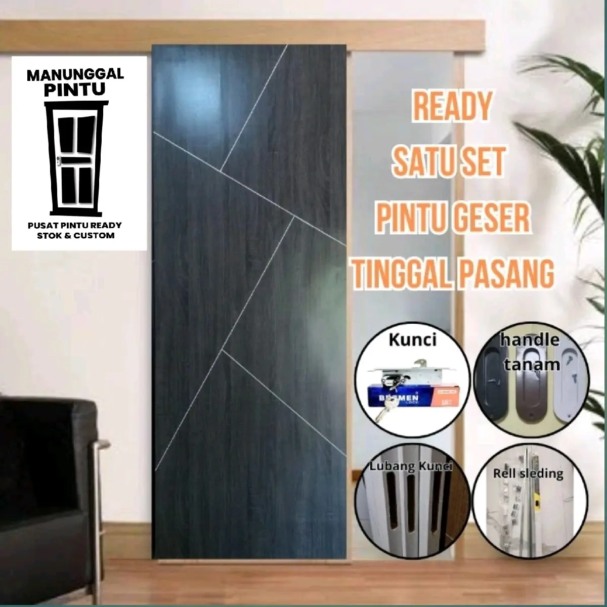 satu set pintu sleding, rel sleding, pengunci/pengait, handel tarik | pintu geser | pintu minimalis | pintu kamar