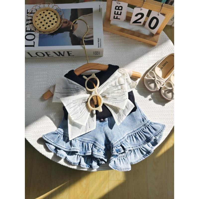 Setelan Anak Perempuan Import Knit Tanpa Lengan Pita Double Besar Punggung Short Pants Renda Terbaru 0