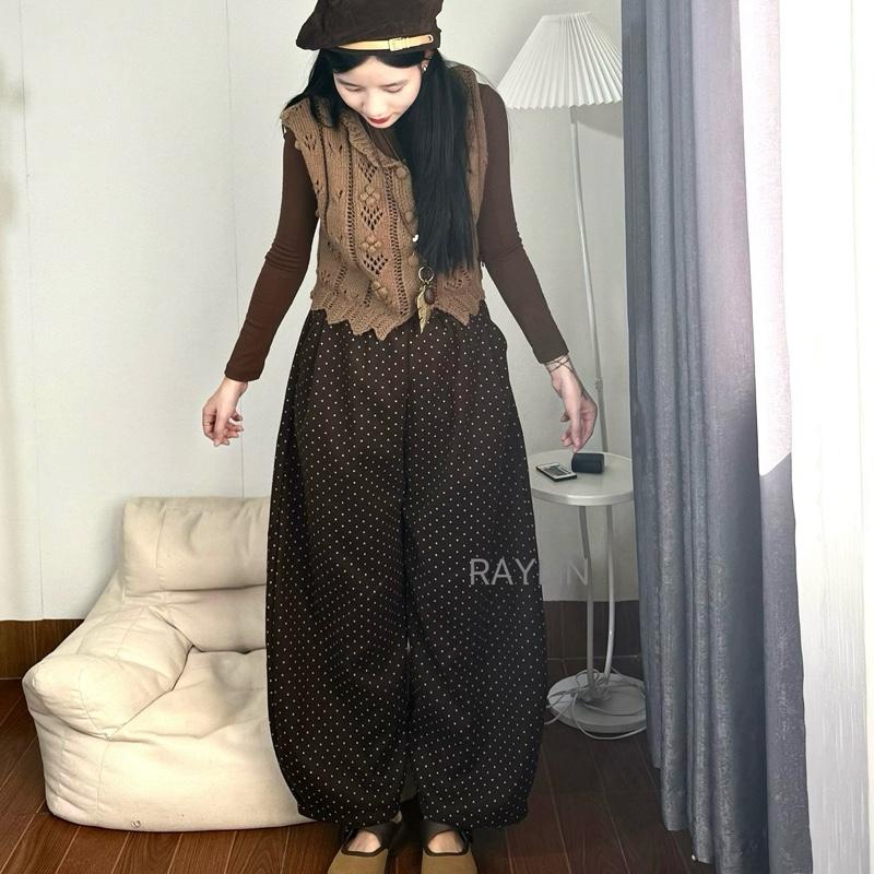   ỐNG RỘNG Quần dạ chấm bi,Quần ống rộng dáng bom  ,chất dạ hoạ tiết chấm bi N44 