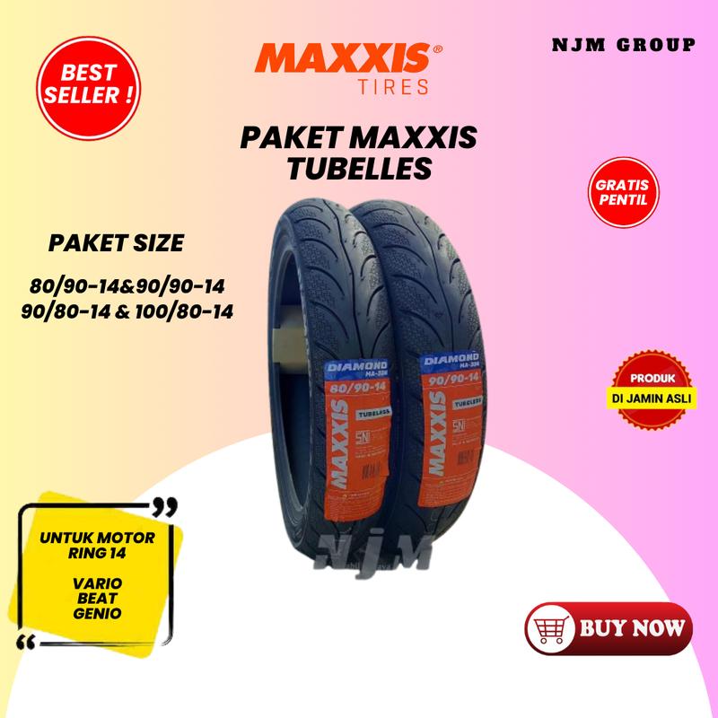 Paket Ban Motor Matic ring 14  Maxxis Diamond 80/90-14 dan 90/90-14 Tubeless Gratis Pentil 1