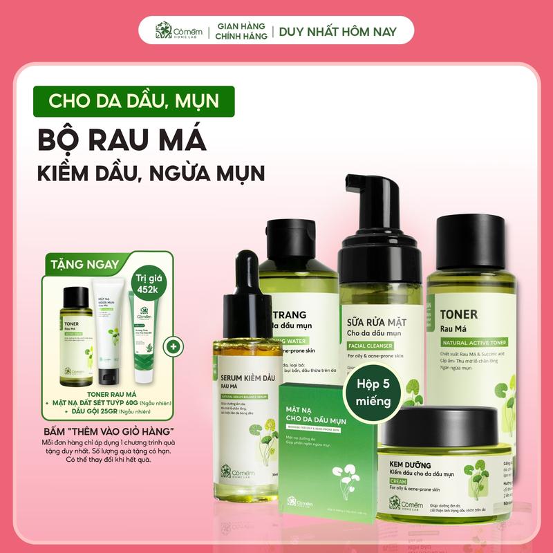 Bộ Sản Phẩm Chăm Sóc 6 Sản Phẩm Da Dầu Mụn Rau Má Gồm Nước Tẩy Trang Sữa Rửa Mặt Toner Serum Kem Dưỡng Mặt Nạ Cỏ Mềm