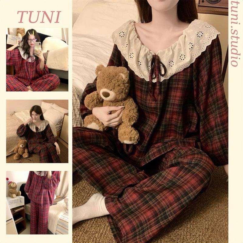 Bộ Đồ Ngủ Kẻ Sọc Đỏ Thắt Nơ Xinh Xắn Chất Dạ Mềm Áo Tay Dài Quần Dài Nữ Women Tuni.studio T07dm