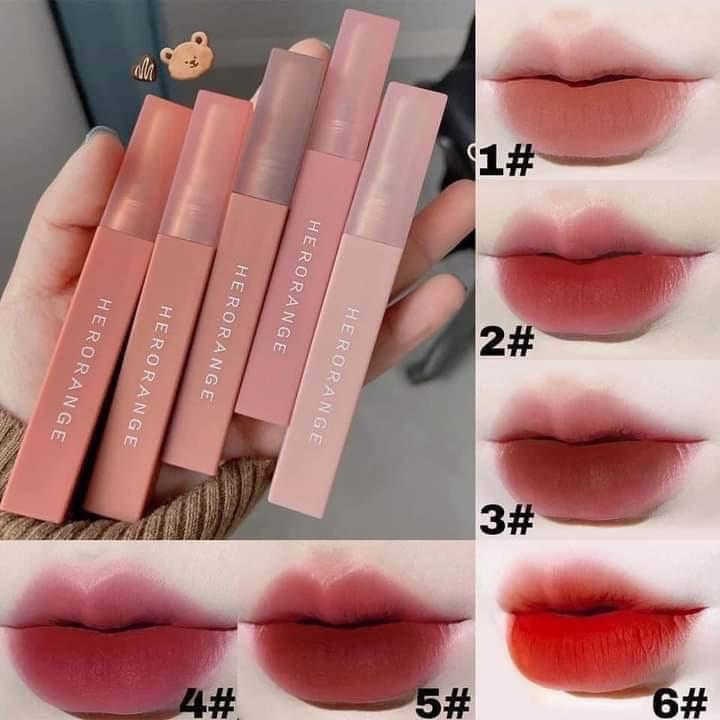 Son kem nhung sương mờ HERORANGE vỏ hộp màu hồng pastel, chất kem mềm mịn không…