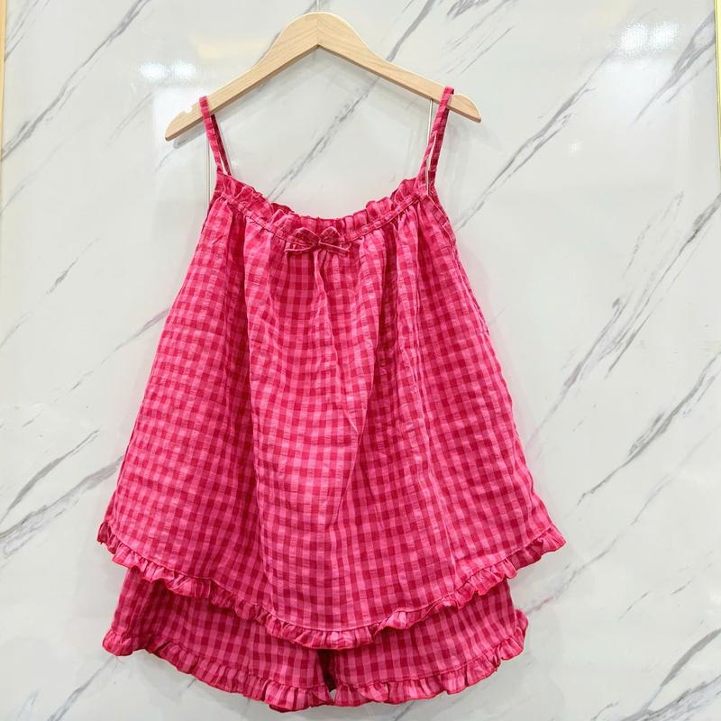  Set đồ ngủ hai dây caro chất liệu cotton hàn size từ 40-60kg thoáng mát 