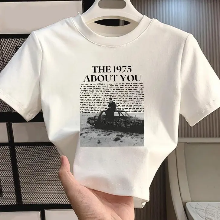 YIYOYI  O022  Baju Kaos Crop Top Wanita Lengan Pendek Kaos Wanita American retro poster printing Hitam Atasan Polos Cewek T-Shirt Putih
