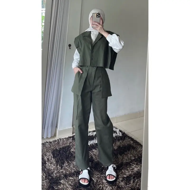 JN- Oneset Korean Fujian Vest Set Celana Katun Linnen Premium Super Tebal Casual  Wanita Setelan Atasan Fit Top Bawahan Panjang Baju Oversize Outer Linen Blazer Kulot Dewasa Formal Hitam 3