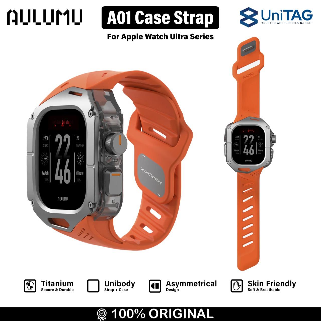 Aulumu Apple Watch Ultra 49mm (Series 3 / 2 / 1) Case Strap A01 Titanium Cover | FKM Band - Orange A01-TI-OG