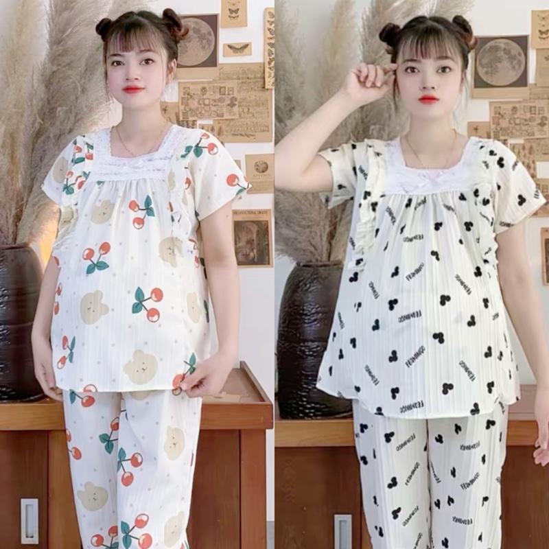  đồ bộ bầu và sau sinh - tay cộc quần dài chất gân thái hoạ tiết gấu 