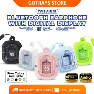 Headset Bluetooth AIR31 TWS Earphone 9D HiFi LED Display Dengan Casing Silikon case karakter Ponsel Headphones air 31  tws Komputer