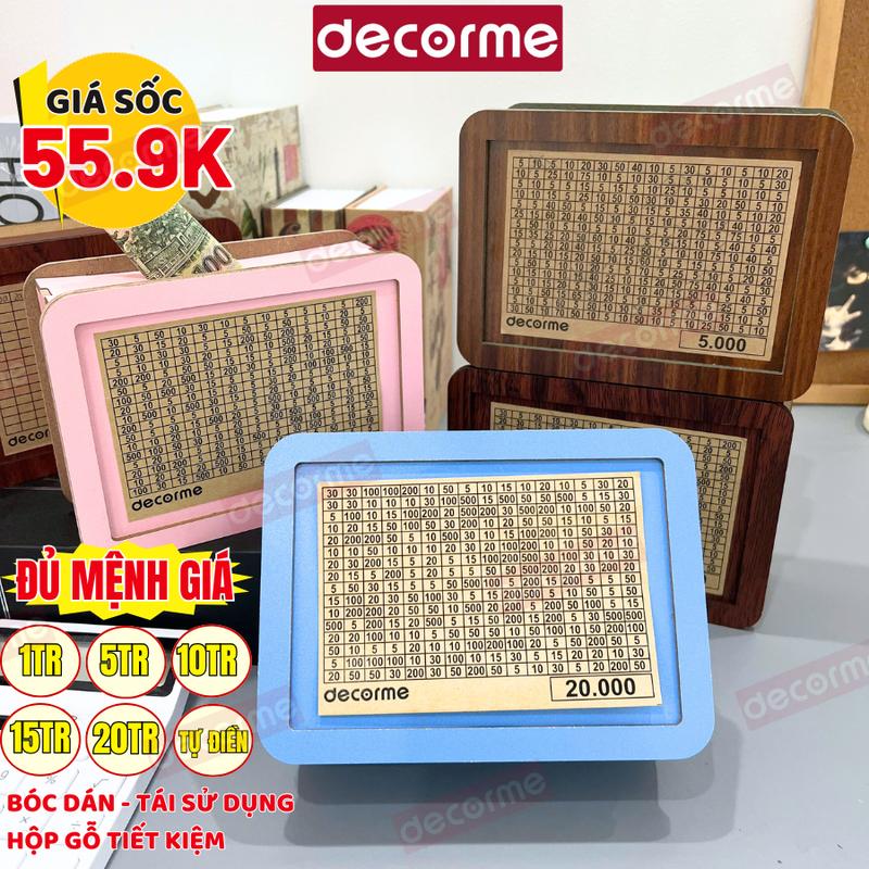 [MÀU MỚI] Hộp gỗ tiết kiệm nhiều màu thử thách tiết kiệm Decorme nhiều mệnh giá 1tr 5tr - 20tr giúp tái sử dụng hộp gỗ nhiều lần