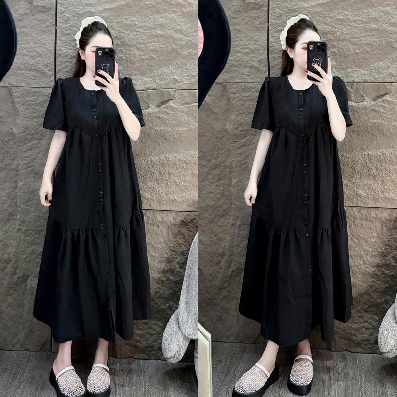 Đầm Suông Nữ Babydoll 3 Tầng Vải Đũi Gân Nẹp Cúc Dáng Suông Rộng Mùa Hè Cho Nữ Freesize