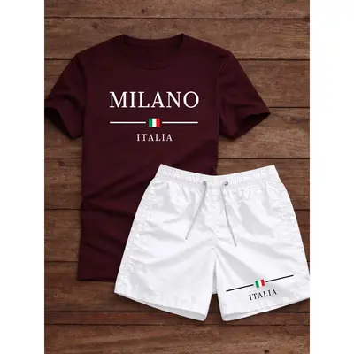 Conjunto Masculino Camiseta 100% Algodão + Bermuda Short Tactel Milano Itália Premium Casual Streetwear Verão Academia Praia Passeio Roupa Masculina Confortável Leve Secagem Rápida Com Bolsos Moda Tendência Lançamento Qualidade Premium P ao GG Envio 