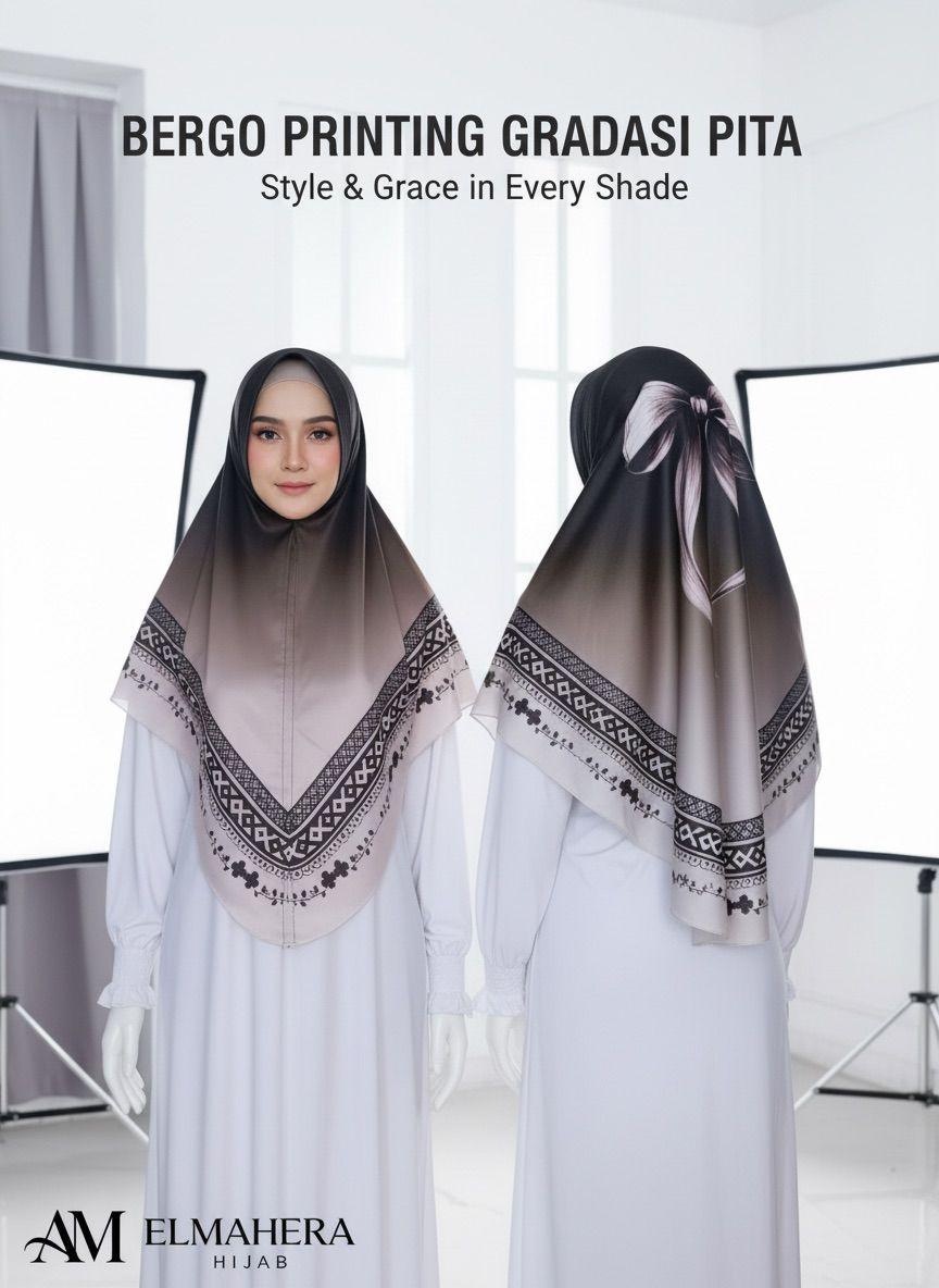 Hijab Bergo Motif Gradasi Pita Jersey Premium Bahan Nyaman 10 Warna Elegan & Tampilan Menarik