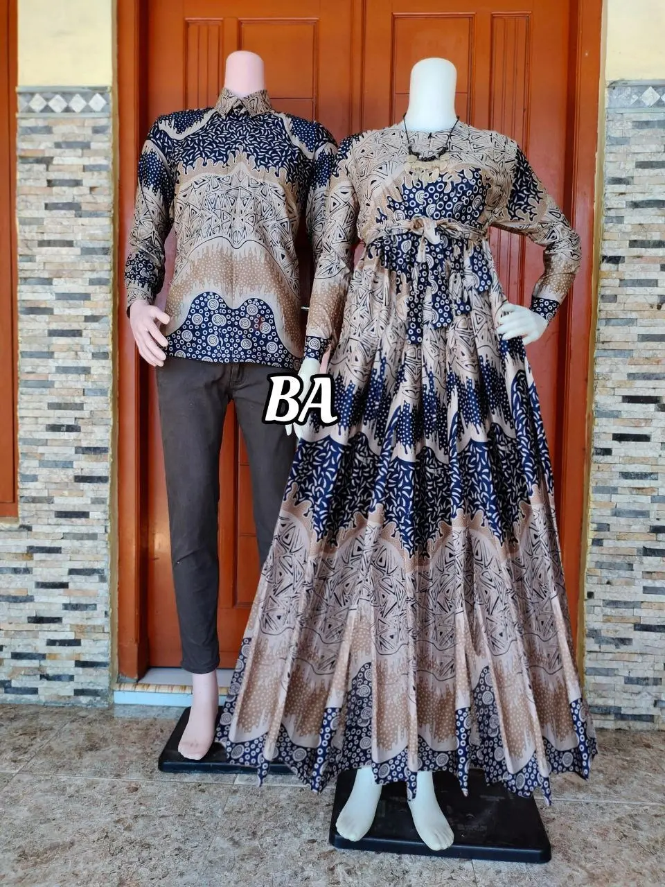 Baju Batik Couple Kemeja Lengan Panjang & Gamis Cantik Motif Abstrak Biru Terbaru katun wanita Pasangan Dress Sarimbit Keluarga