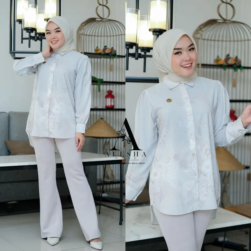 Blouse Tunik Silk Silky Premium Motif Etnik Monogram by Alesha Mode - RANISYA - Lembut, Muslim, Busui 2