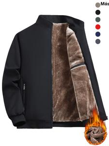 Chamarra de forro térmico para hombre de color sólido con cuello embudo y cierre, corte regular, manga larga, cierre frontal, ropa de abrigo casual para otoño e invierno, ropa de hombre para uso diario