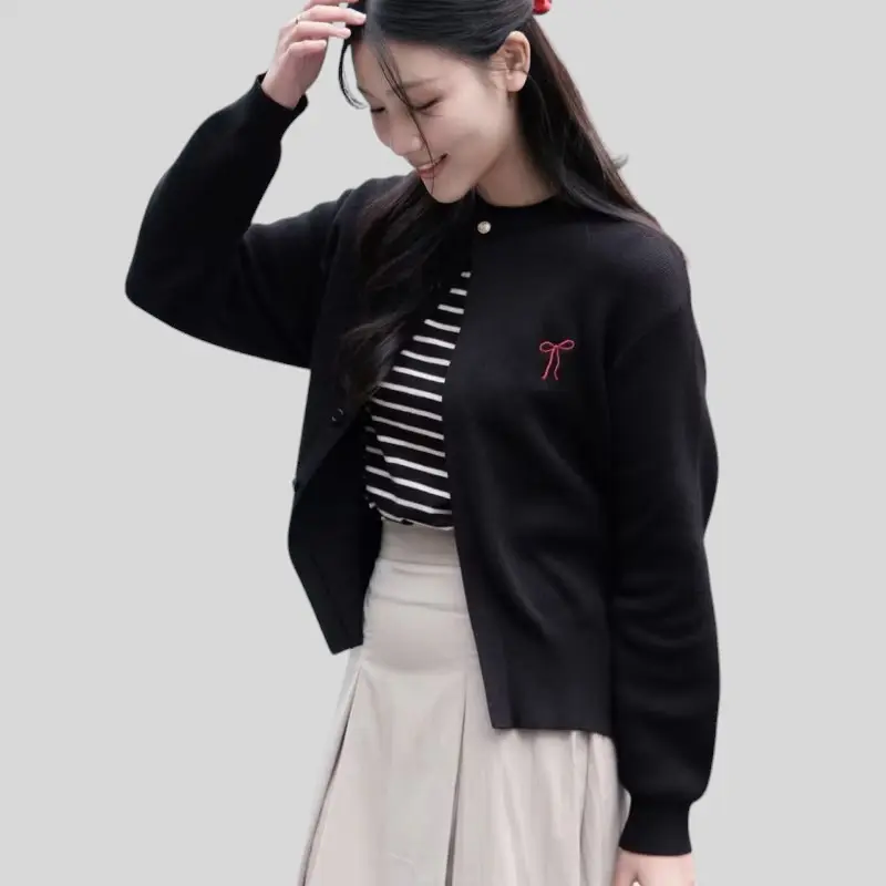 Cardigan Ribbon Knit Coquette Pita Atasan Rajut Wanita Outer Knitwear Korean Style Sweater Tebal Nyaman Bordir