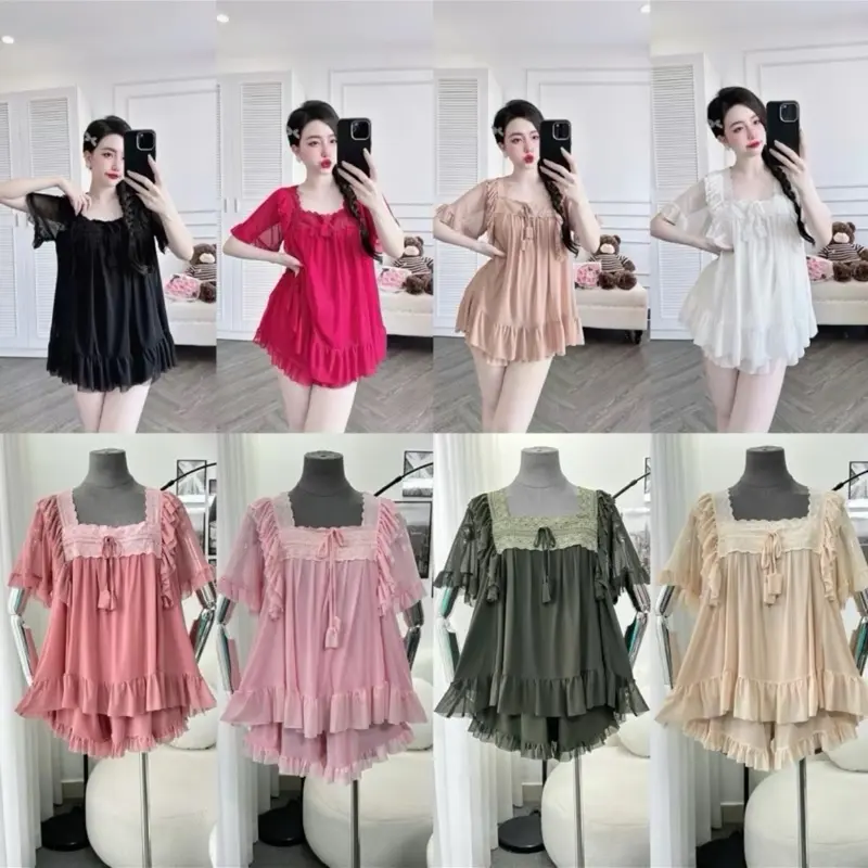 Set Bộ Tiểu Thư Style QC TDQD Cổ Vuông Phối Ren Chất Liệu Voan Thun Lưới Mềm Mát Dành Cho Nữ 40-65kg 7