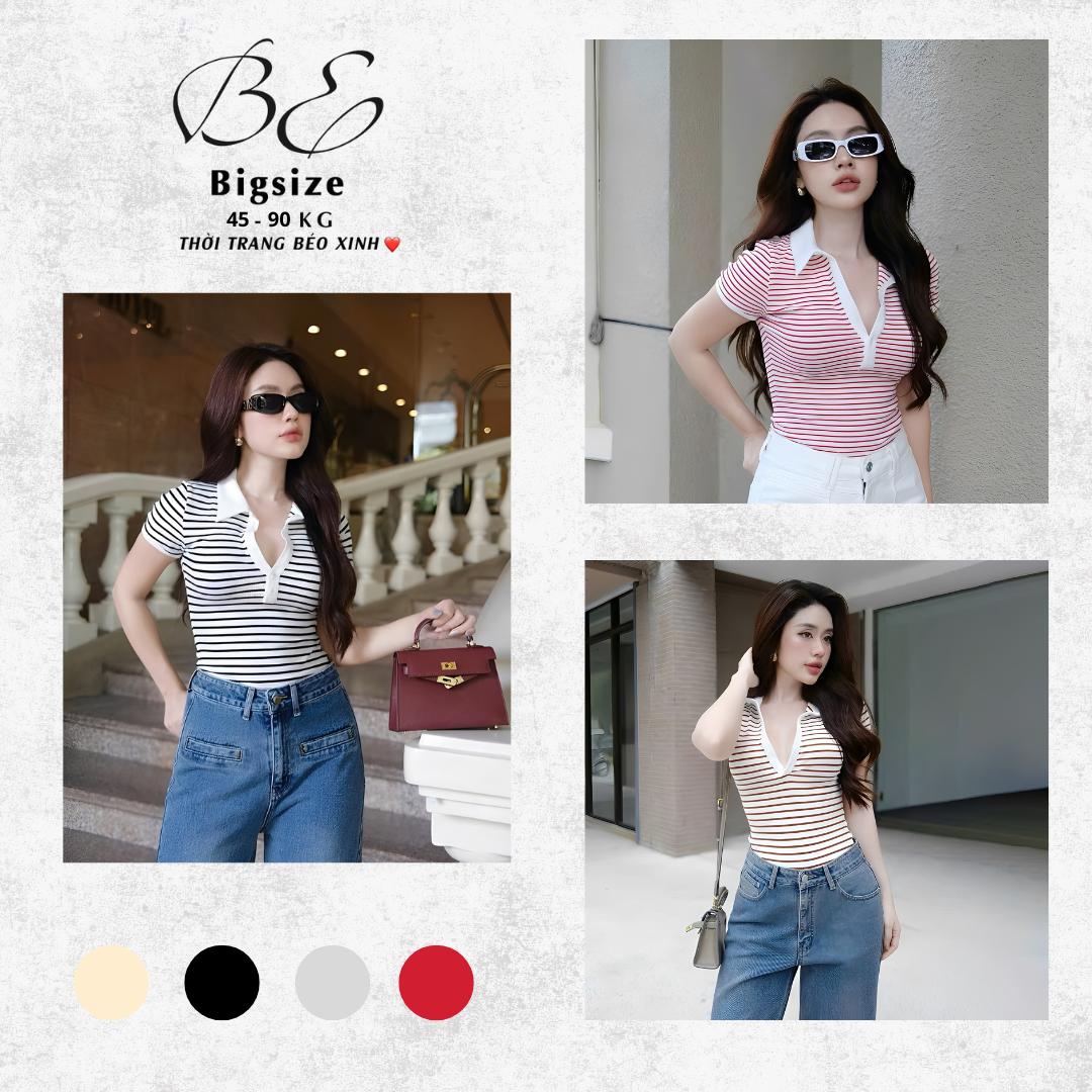 Áo Thun Polo Nữ Sọc Ngang phối Cổ V Gợi Cảm Vải Borit Cotton Cao Cấp Thanh Lịch Bigsize 45-90kg Béo Xinh Shop - A.1603