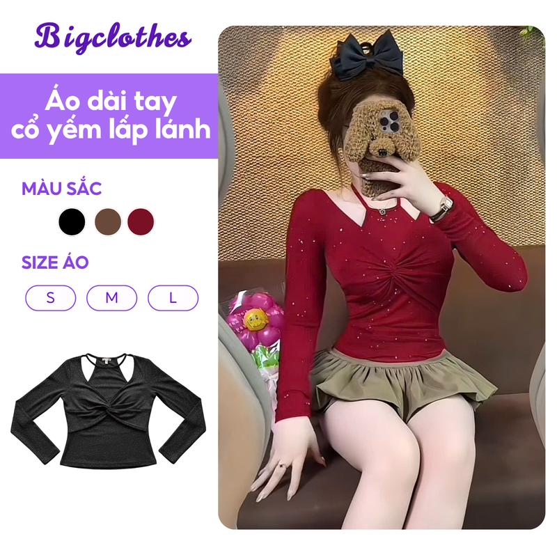 DEAL MỞ BÁN Áo Thun Nữ Dài Tay Cổ Yếm Thắt Nơ Ngực BigClothes Áo Thu Đông Chất Lấp Lánh F09