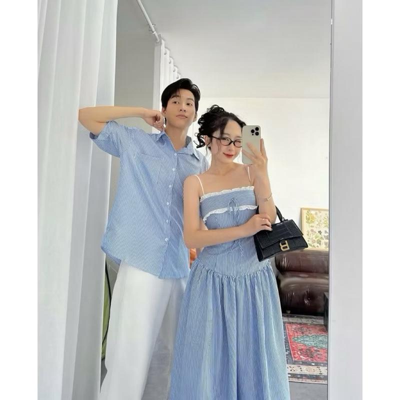 S - 61 DEAL MỞ BÁN Set đồ đôi nam nữ couple váy 2 dây dài maxi phối nơ ren và áo sơmi nam mix do bigsize sét cho đi biển big size