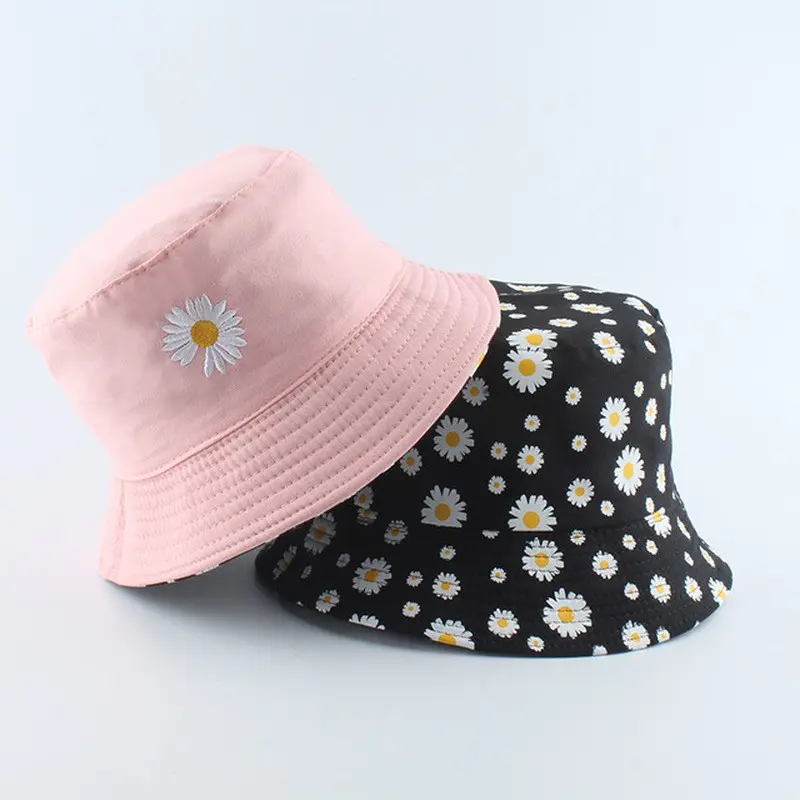 Topi Bucket Dua Sisi Anti Uv Motif Bordir dan Sablon Bunga Daisy Bahan Drilll / Daisy 002 anak dewasa 4