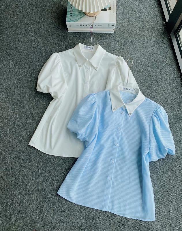 Áo Sơ Mi Thô Cổ Đức Đính 2 Khuy Hoa Tay Bồng  Lala Fashion Mã 4385