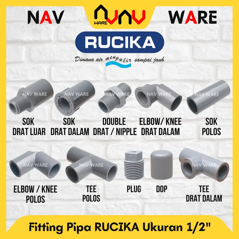 RUCIKA Fitting Pipa PVC AW 1/2 Inci Original - Sok Drat Luar SDL - Faucet Sock Drat Dalam SDD - Tee - Elbow - Knee Drat Dalam - Socket Polos - Double Neple / Nipple - Konektor Paralon Air 1/2" Inch 0