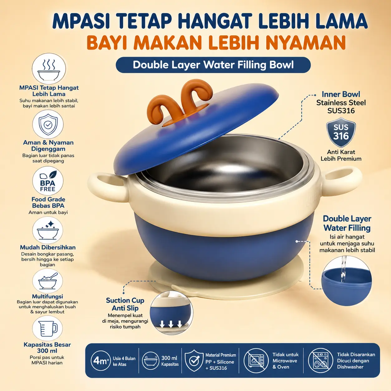 Mangkuk Makan Bayi MPASI Baby Insulated Bowl Penghangat SUS316 Anti Tumpah Suction Cup 300ML