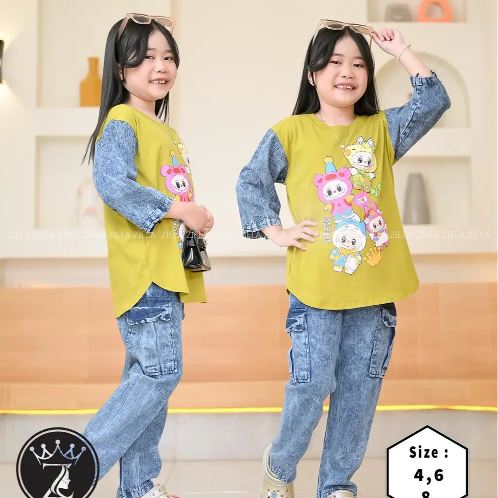 Setelan Anak Labubu Celana Kargo - Bahan Cotton Combed - Baju Anak lucu Labubu - Baju Anak Kekinian Fashion