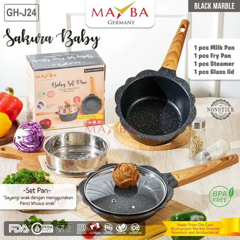 PANCI SET MAYBA BABY PAN 4 pcs Perlengkapan bayi Kids | Peralatan Wajan masak anak diatas bolde | Cream Frying Milk pan steamer lavender merah Pink Black 1