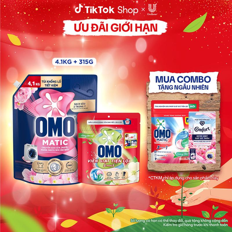 Combo Nước Giặt Omo Ngăn Mùi Ẩm Mốc 4,1kg và Túi Viên Giặt Tiện Lợi OMO 3 trong 1 30 viên túi 1