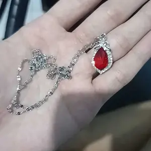 FIVEFAM'S - Kalung Titanium Liontin Batu Permata Zamrud Merah Elegan Anti Karat Unisex | Kalung Pria Wanita Rantai Pecah KopI Stainless Steel