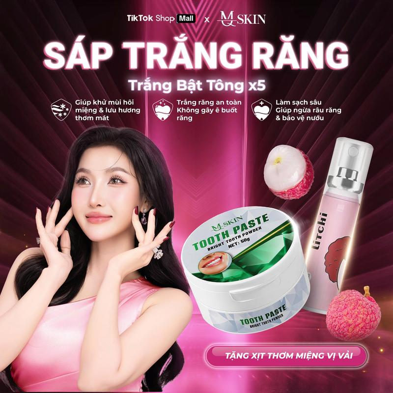 8 Sáp Trắng Răng Cao Cấp Tooth Paste MQ SKIN 50gr - Hỗ Trợ Trắng Răng Thơm Miệng Sạch Mảng Bám - Kèm Xịt Thơm Miệng Vị Vải