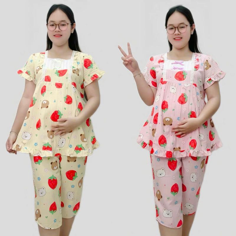   Freesize 45-70KG Bộ Dài- Lửng Xốp Sọc Đôi Cho Mẹ Bầu Mềm Mát Mẻ Lưng Thun Họa Tiết Dễ Thương DB03 5 Màu Sinh Hoạt Trong Nhà 